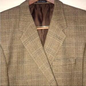 ALAN FLUSSER Glen Plaid Wool Sport Coat Blazer 46L Brown Beige Check Pattern